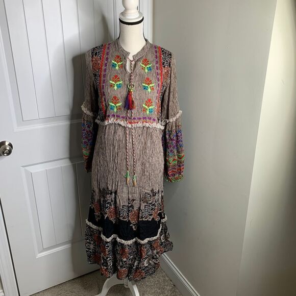 Anthropologie Raga Boho Embroidered Maxi Dress Peasant Floral Tassel Cottagecore - Picture 1 of 7
